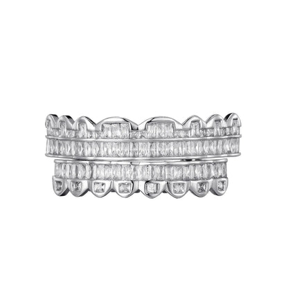Baguette Teeth Grillz Set For Unisex Top Bottom Iced Out Cubic Zircon Stone Brass Material Hip Hop