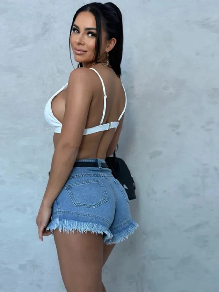 Denim Shorts Pants Low Rise Slim Lady Crop jeans Distressed Chic Casual Short Trousers