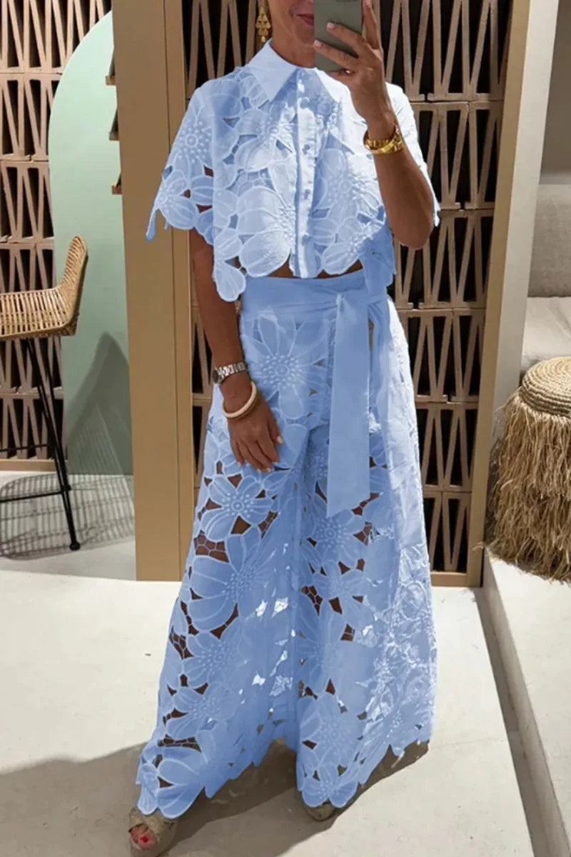 Lapel Single-breasted Shirt Top + Wide-leg Pants 2-piece Set Women Casual Hollow Suit