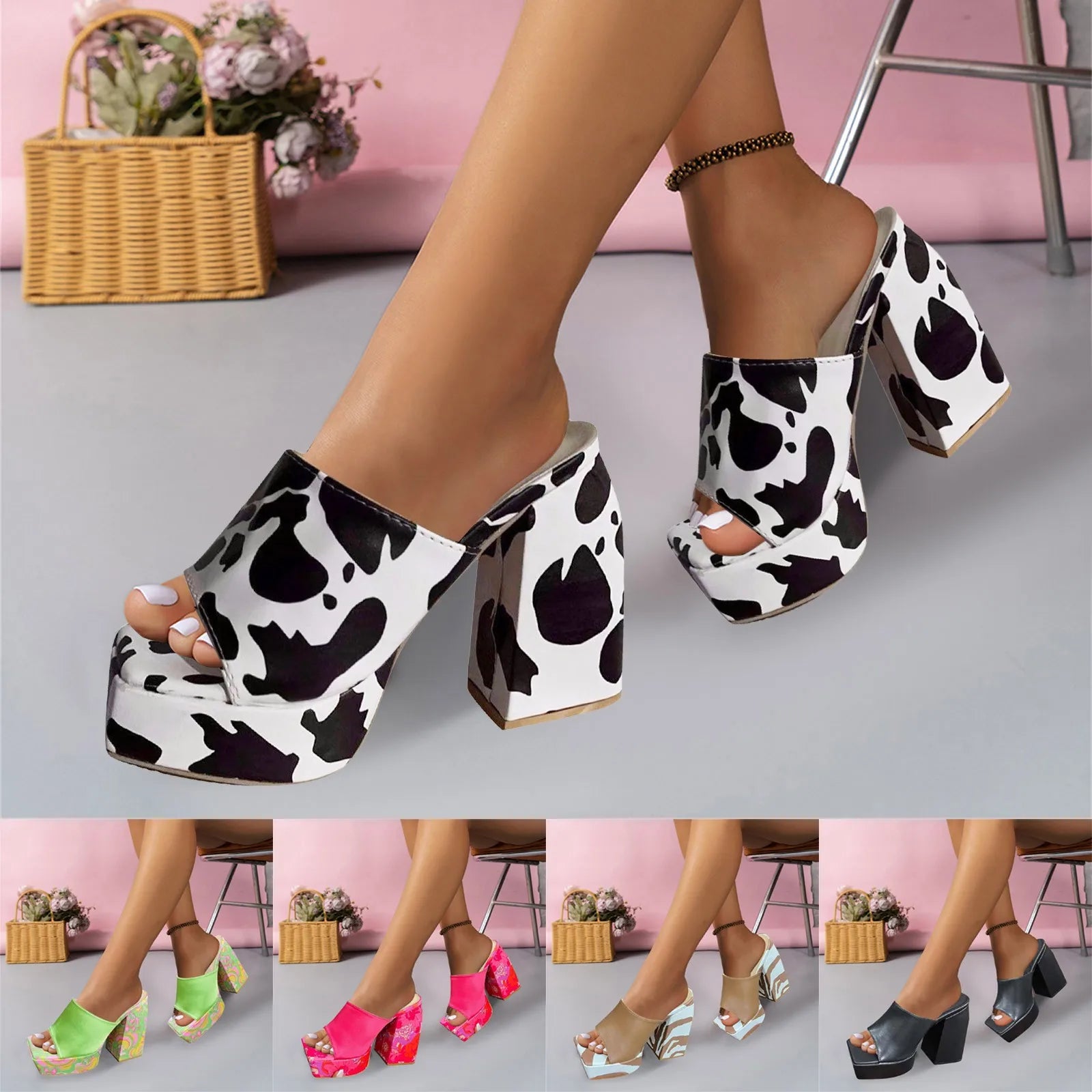 Cow Print Peep Toe Sandals Thick High Heel Wedge Platform Shoes Black / 37 / United States Black / 38 / United States 