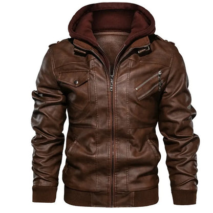 Motorcycle Leather Jacket Hat Detachable Men Hooded Slim Casual Coats