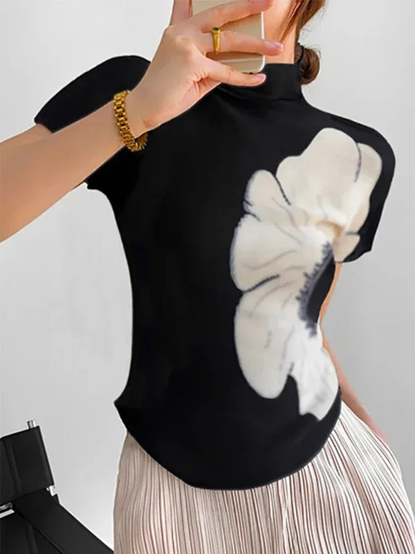 Fashion Flower Printed High Neck Basics Top Short Sleeves Skinny Casual Trendy T-shirts