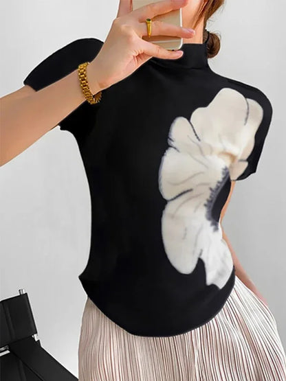 Fashion Flower Printed High Neck Basics Top Short Sleeves Skinny Casual Trendy T-shirts