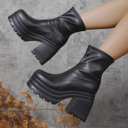 Short Boots Women Leather Boot Square toe casual Zipper high heels Casual thick soled