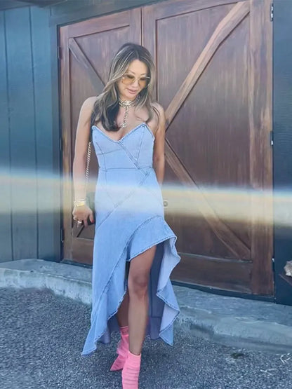 Strap Denim Women's Dress Vintage Asymmetric Hem Cinching irregular Dress Female Summer New  Lady High Street Outwear Distressed