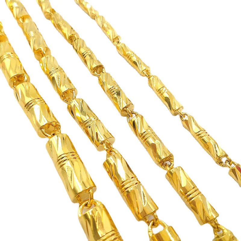 24K gold cylindrical double bamboo necklace 9999 real gold men's and women's solid color bamboo knot gold jewelry necklace gift
