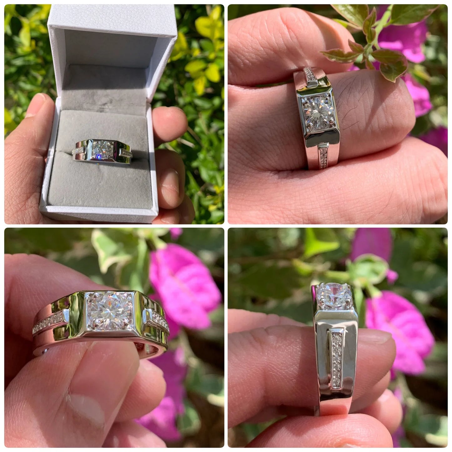 Newshe Men's Wedding Rings 925 Sterling Silver Solitaire Round Cubic Zircon Promise Band Size 8-12