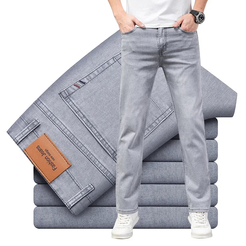 Men's Elastic Cotton Jeans Fashion Gray Comfortable Casual Pants