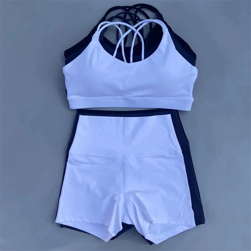 Solid Color Gym Bike Yoga Set Short Legging +Cross Sport Bra Tracksuit Athletic Women Gym Suit Comprehensive Training Jogging