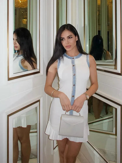 Denim Patchwork Skirts Round Collar Sleeveless Slim Dress Single-breasted Splicing