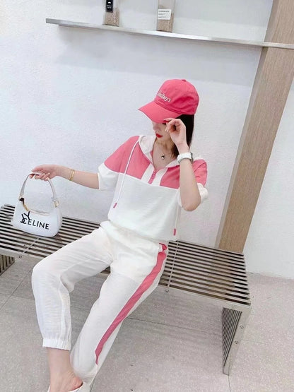 Women's Fashion Tracksuit Casual Suit Short Sleeve Hooded Top Pants Two Piece Set For Women
