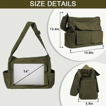 Canvas Messenger Bag Large Hobo Crossbody Bags with Multiple Pockets,School Vintage Shoulder Laptop Bag for Women and Men