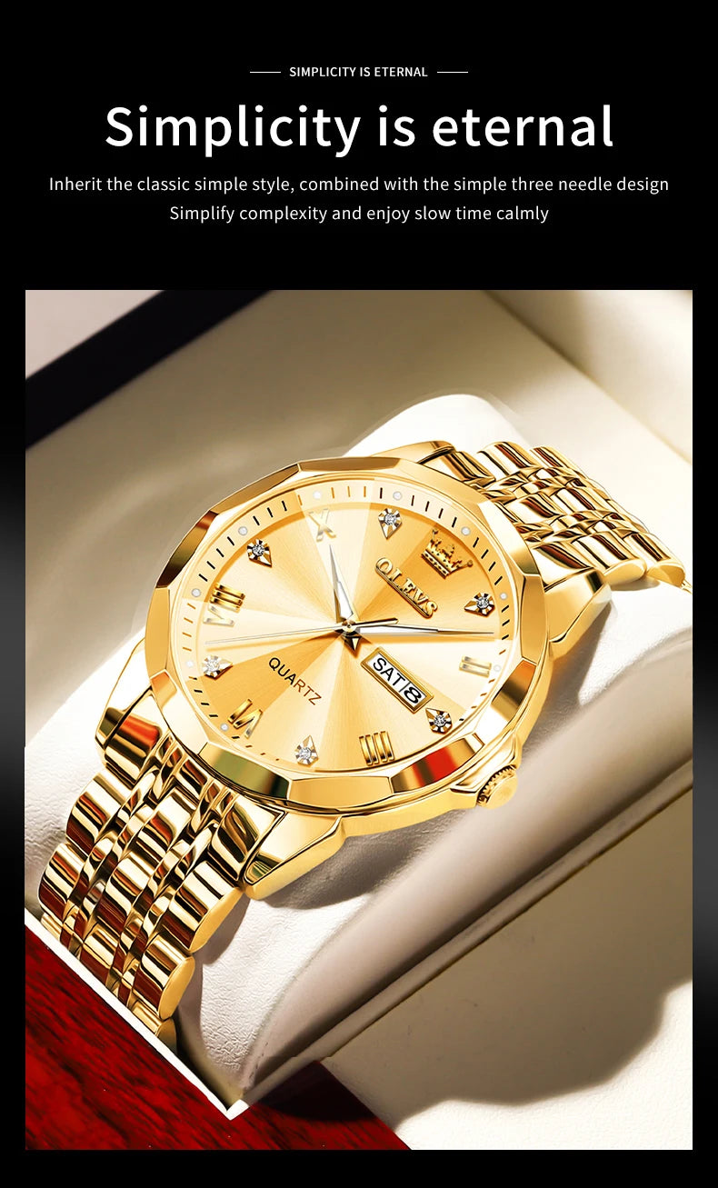 Gold Original Quartz Wristwatch Waterproof Luminous Watch for Male Rhombus Mirror Date Week