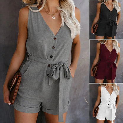 Women's Casual V-neck Monochromatic Jumpsuit, Five-Point Shorts