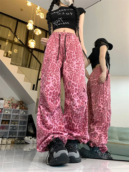 Women's Red Leopard Pants Jogger Harajuku Streetwear Sweatpants Loose Pants Y2k Retro 2000s Aesthetic Vintage Trousers Clothes