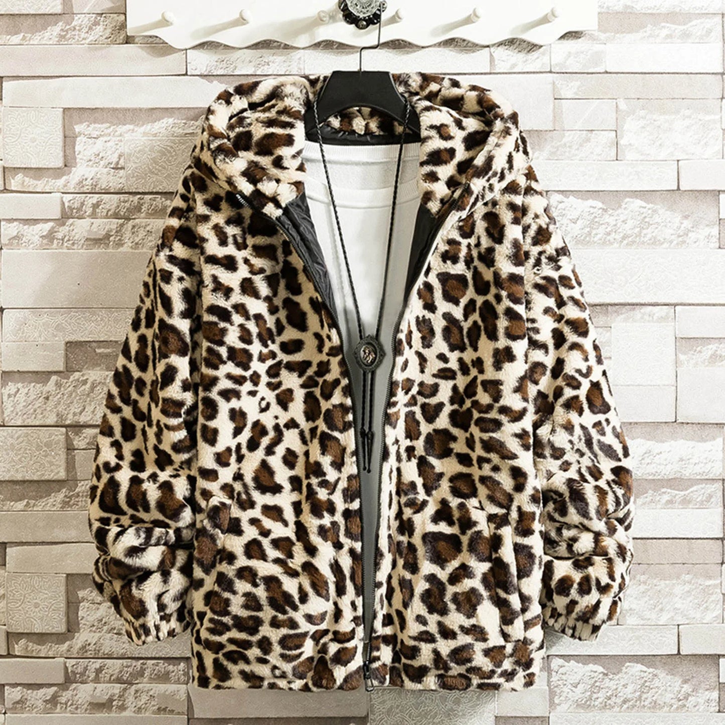 Mens Leopard Print Hip Hop Loose Fitting Hooded Padded Jacket