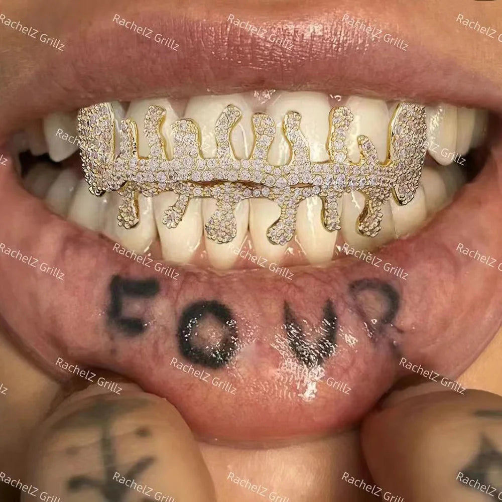 Flame CZ Stone Teeth Grillz Dental Grill 14K Gold Plated Waterdrop Zircon Tooth Cap Silver Bottom Silver Set Silver Top Silver Bottom-Silver Set-Silver Top-Gold Top-Gold Bottom-Gold Set-