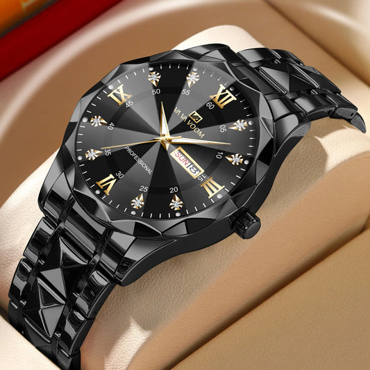 Men Watch Water Diamond Luxury Night Glow Double Calendar Quartz Movement 41mm Blue Gold Stainless Steel