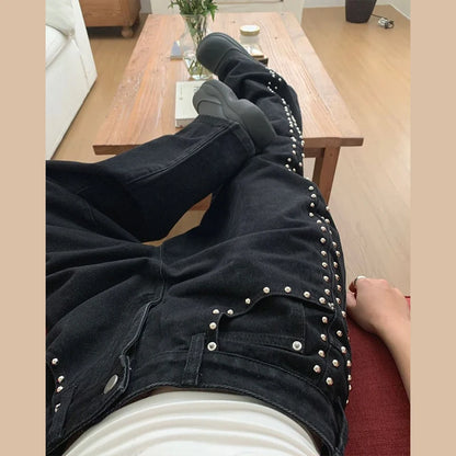 Metal Rivet Wide Leg Jeans Trousers Baggy Low Rise Pockets Denim