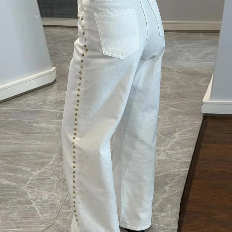 Metal Rivet Wide Leg Jeans Trousers Baggy Low Rise Pockets Denim