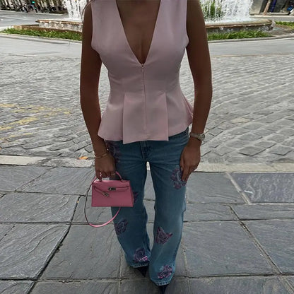 Floral-Shaped Diamond Light Blue Women Flared Denim Jeans High Waist Baggy Dragging Pants Vintage