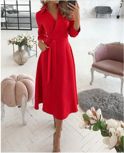 A-Line Wrap Summer Dress Long Sleeve V-Neck Dress Pocket Elegant Midi Party Dress