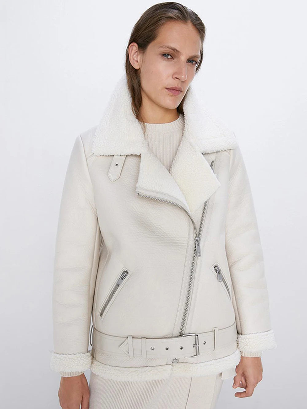 Thick and warm faux leather jacket Coat women's beige long-sleeved belt jacket women 2025 winter fashion new streetwear Tops