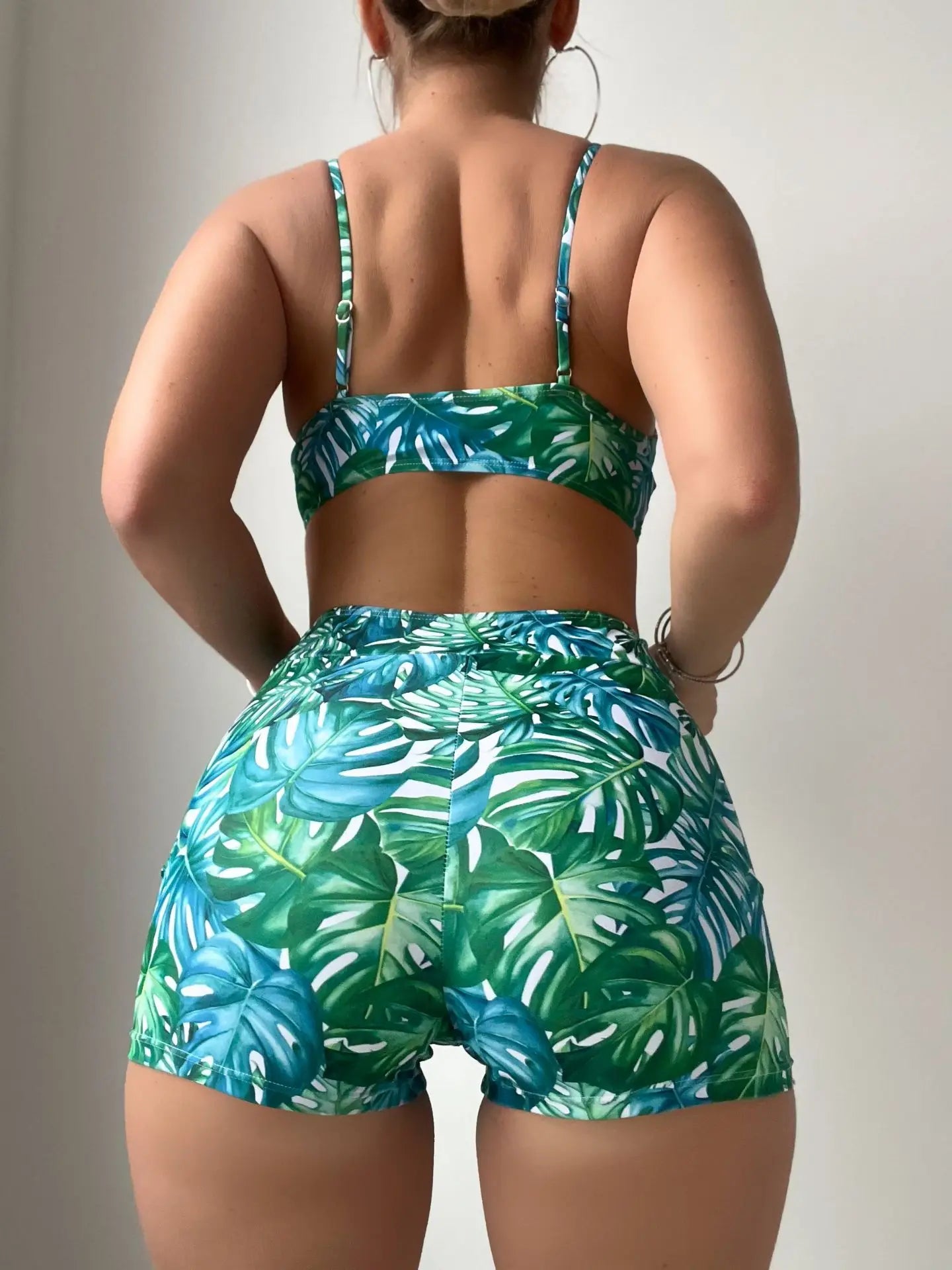 Green Leaf Print 2 Piece Swimsuit High Waist U-neck Suspender Backless Swimwear