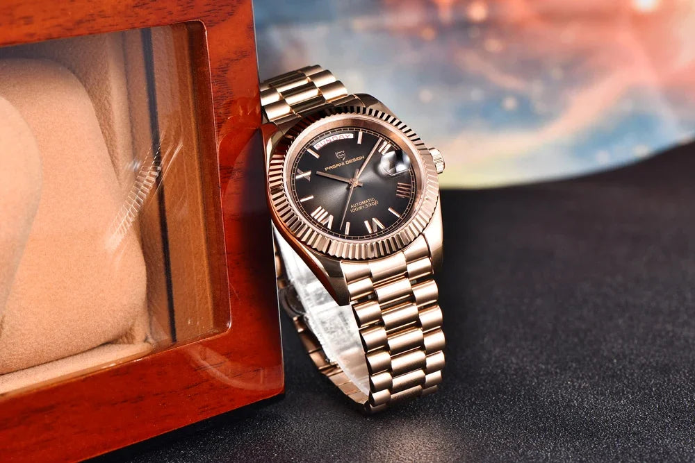 Rose Gold Luxury Automatic Watch For Men Mechanical Wristwatches Sapphire Mirror Clock Gift Man