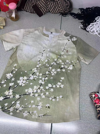 3D digital heat transfer animal landscape 3-button large size stand-up collar short-sleeved shirt