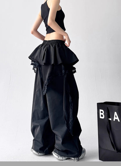 Y2K Black Cargo Pants Women Lace Patchwork White Wide Leg Pants