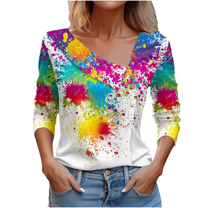 T Shirt For Women Fashion Long Sleeve Top White Floral Print Shirt