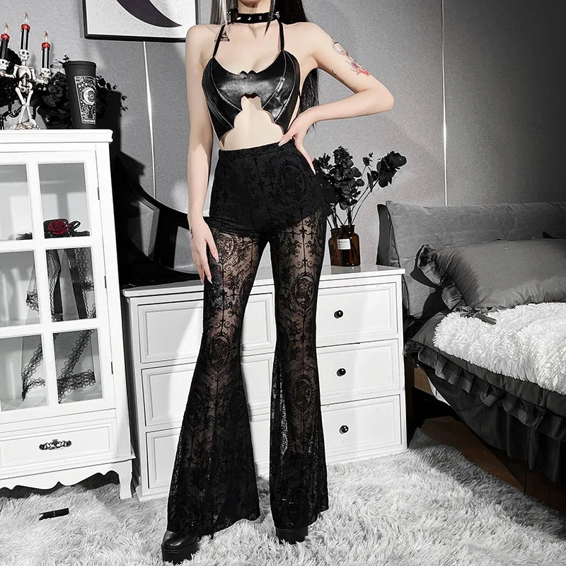 Goth Dark Gothic Flare Pants Grunge See Through Mesh High Waist Women