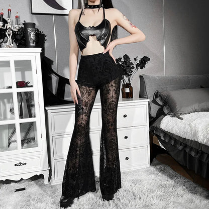 Goth Dark Gothic Flare Pants Grunge See Through Mesh High Waist Women