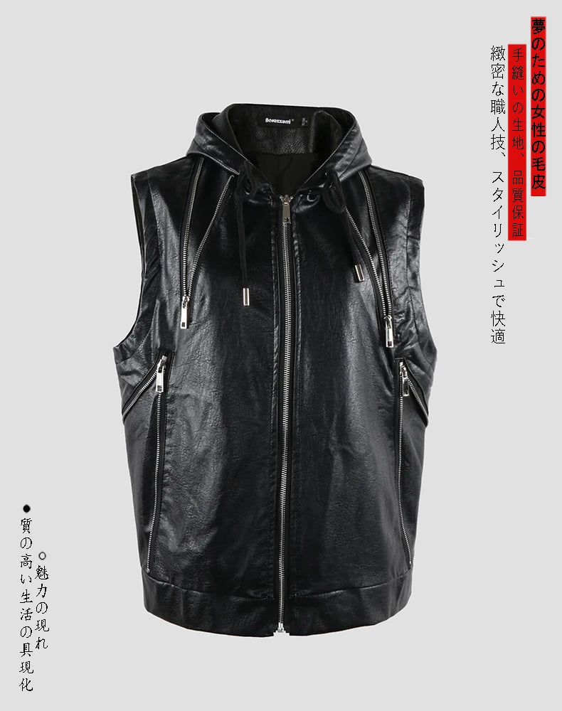 Mauroicardi Spring Autumn Luxury Elegant Cool Black Pu Leather Vest for Men with Hood Zipper Sleeveless Jacket Men Clothing 2023