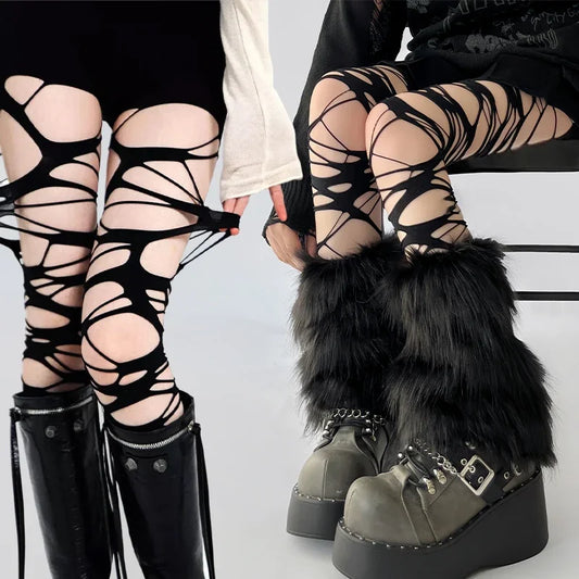 Punk Torn Strap Holes Gothic Spider Web Stocking Y2k Black Mesh Soft Tights High Hosiery white black white-black-