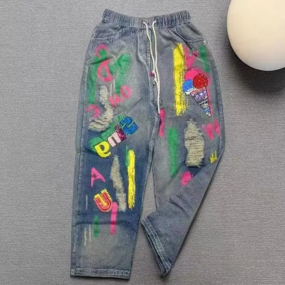 Sequin Letter Elastic Waist Jeans High Waist Denim Graffiti Print Harem Pants as photo / M as photo / L as photo / XL as photo / M-as photo / L-as photo / XL-