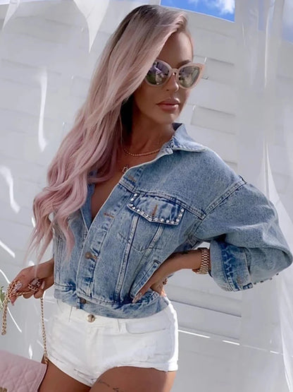 Denim Jacket Female Light Blue Diamond Tassel Coat Single-Breasted Open Back Women Jeans Coat