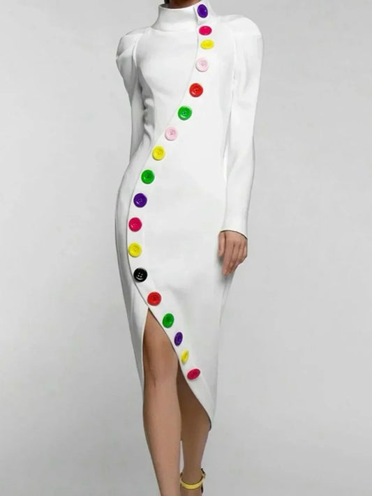 UOOZEE 2025 New Autumn X-shape High-Neck Party Dress Colorful Buttoned Long Sleeves Slim Urban Elegant Evening Midi Dresses WHITE / M WHITE / L WHITE / XL WHITE / M-WHITE / L-WHITE / XL-WHITE / XXL-WHITE / S-