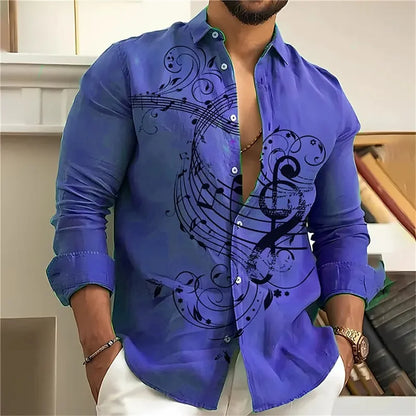 Music note print men's shirt casual open lapel top comfortable long-sleeved