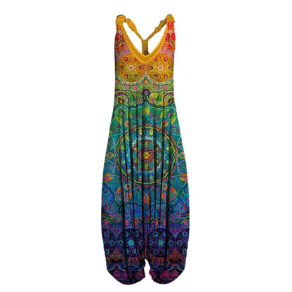 Harem Romper One-piece Jumpsuits Overalls Womens Abstract Print Backless