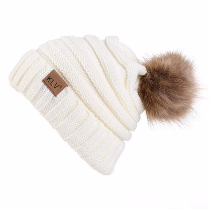 Cute Print Embroidery Beanies For Women Men Winter Wool Warm Fur Pompom