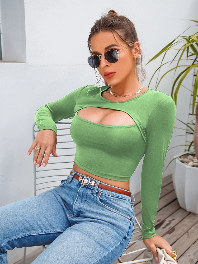 Women's Casual Round Neck Long Sleeve Crop Top Long Sleeve Hollow Fitness Crop Top