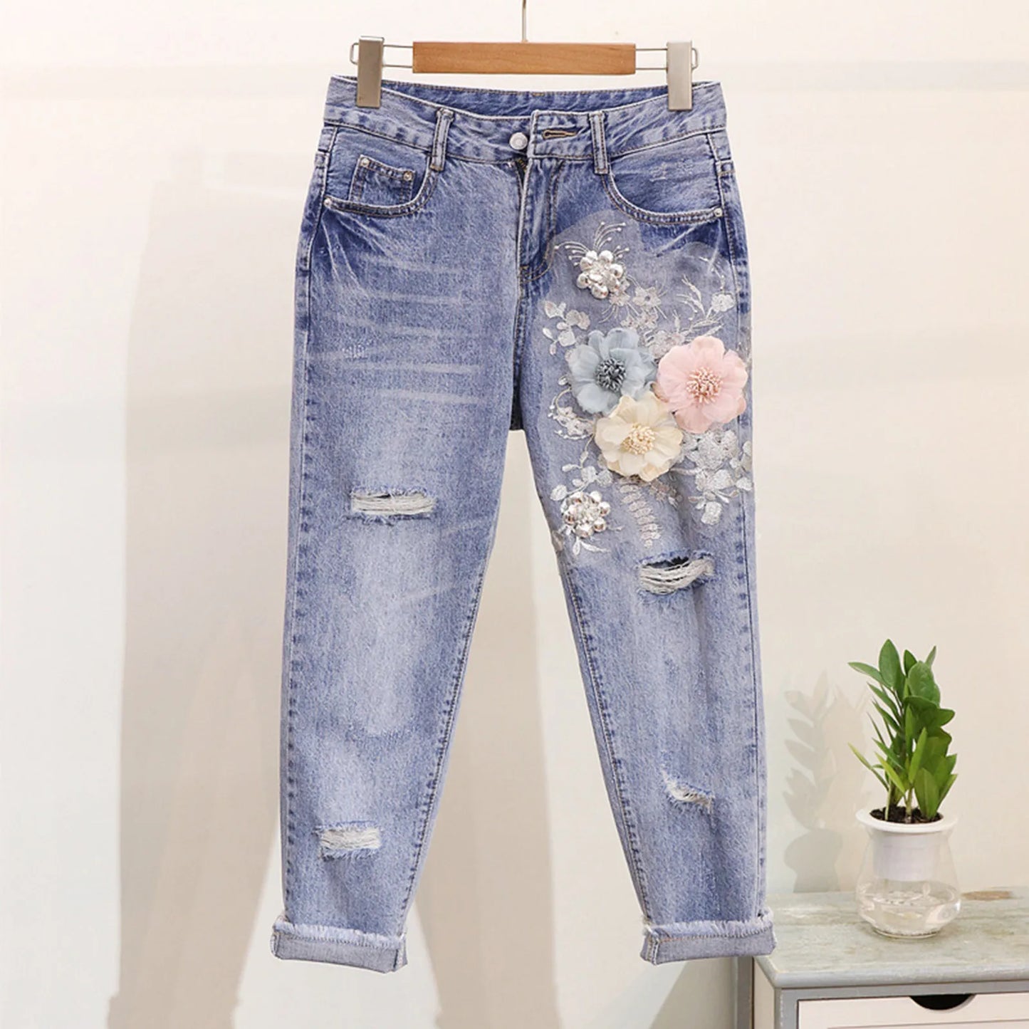 Women Two Piece Outfits 3D Flower Embroidery T Shirt Cropped Ripped Jeans