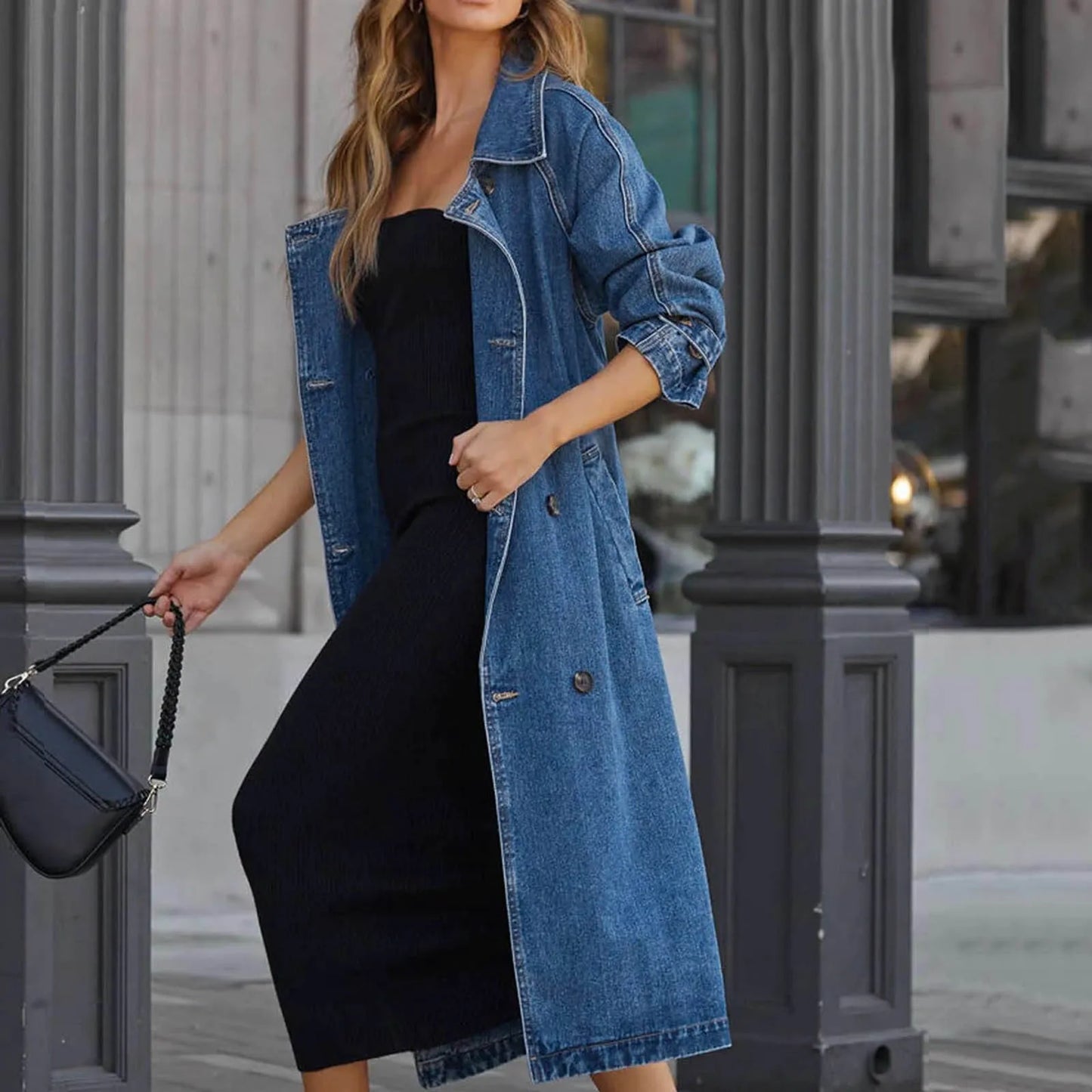 Jean Jacket Midi Loose Double Breasted Denim Jacket Ladies Autumn Trench