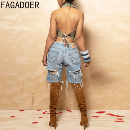 Hole Print Pants Casual High Waist Button Straight Jeans Summer Female