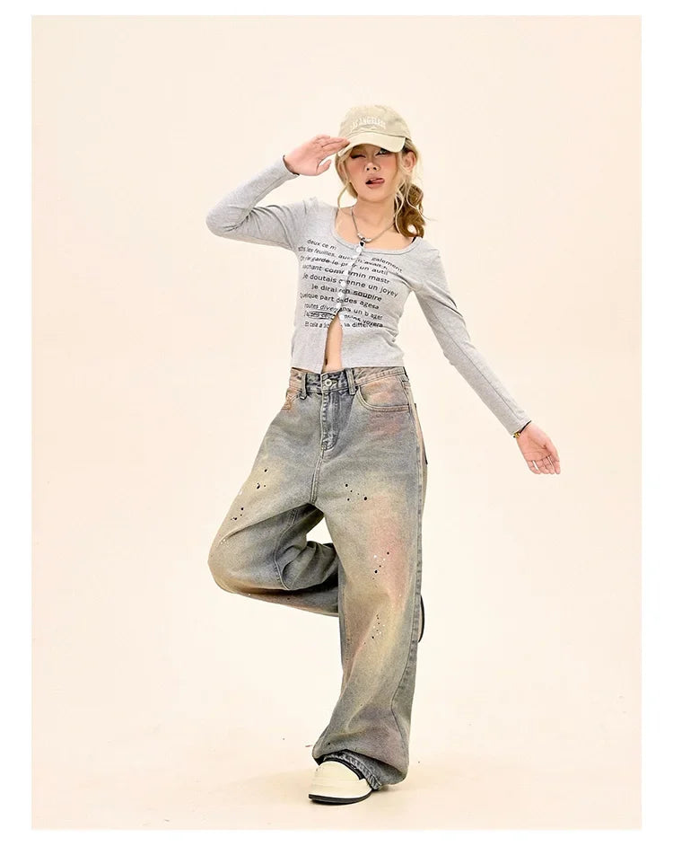 American Fashion Tie-Dye Graffiti Straight Leg Wide Jeans Straight Leg Loose Jeans Hip-hop Street Baggy Jeans