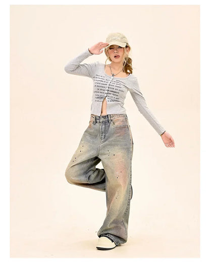 American Fashion Tie-Dye Graffiti Straight Leg Wide Jeans Straight Leg Loose Jeans Hip-hop Street Baggy Jeans