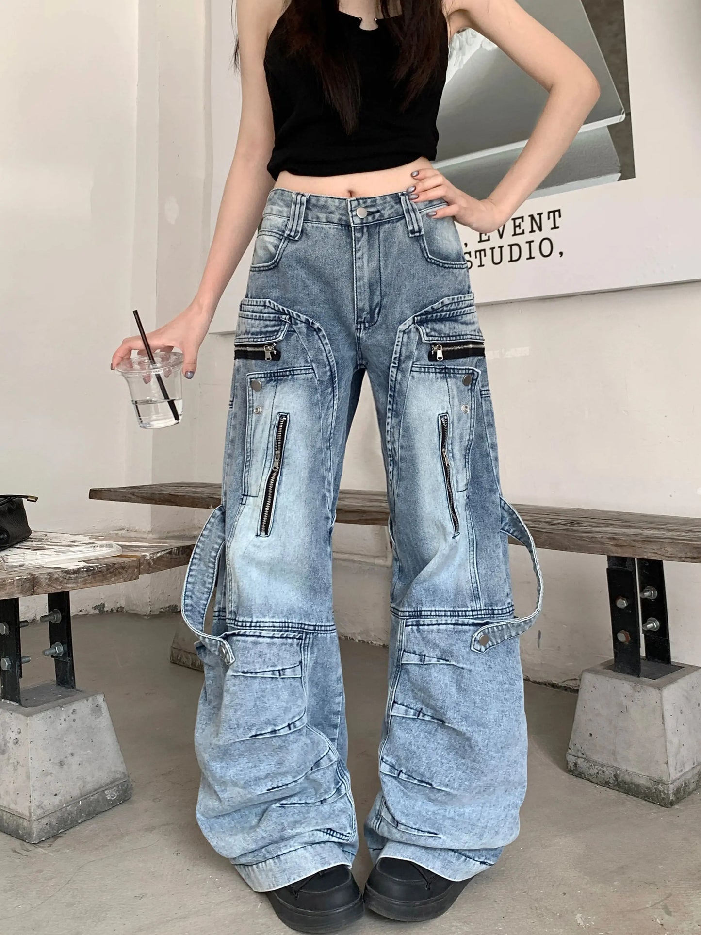 Women's Blue Cargo Baggy Jeans Y2K American High Street Oversize Harajuku Aesthetic Vintage Jeans Pants Trousers Clothing 2025