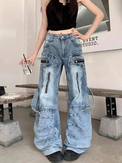 Women's Blue Cargo Baggy Jeans Y2K American High Street Oversize Harajuku Aesthetic Vintage Jeans Pants Trousers Clothing 2025